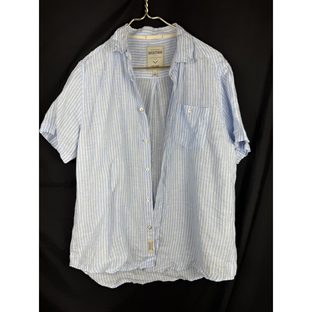 Report Collection Heritage Mens Large 100% Linen Stripe Short Sleeve Shirt Blue